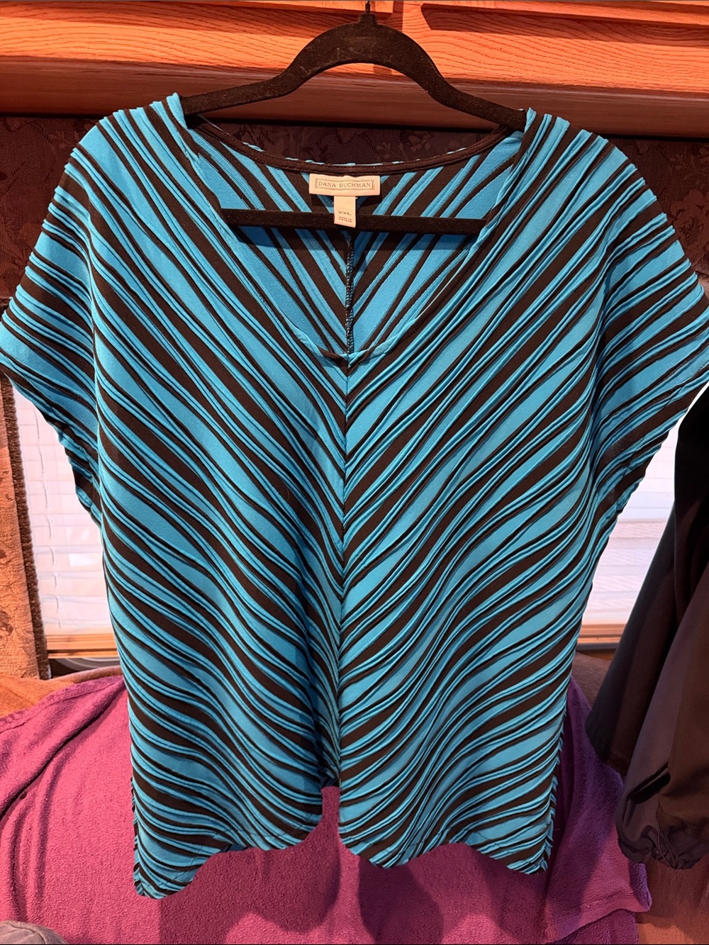 Dana Buchman Turquoise & Black Striped V-Neck Blouse